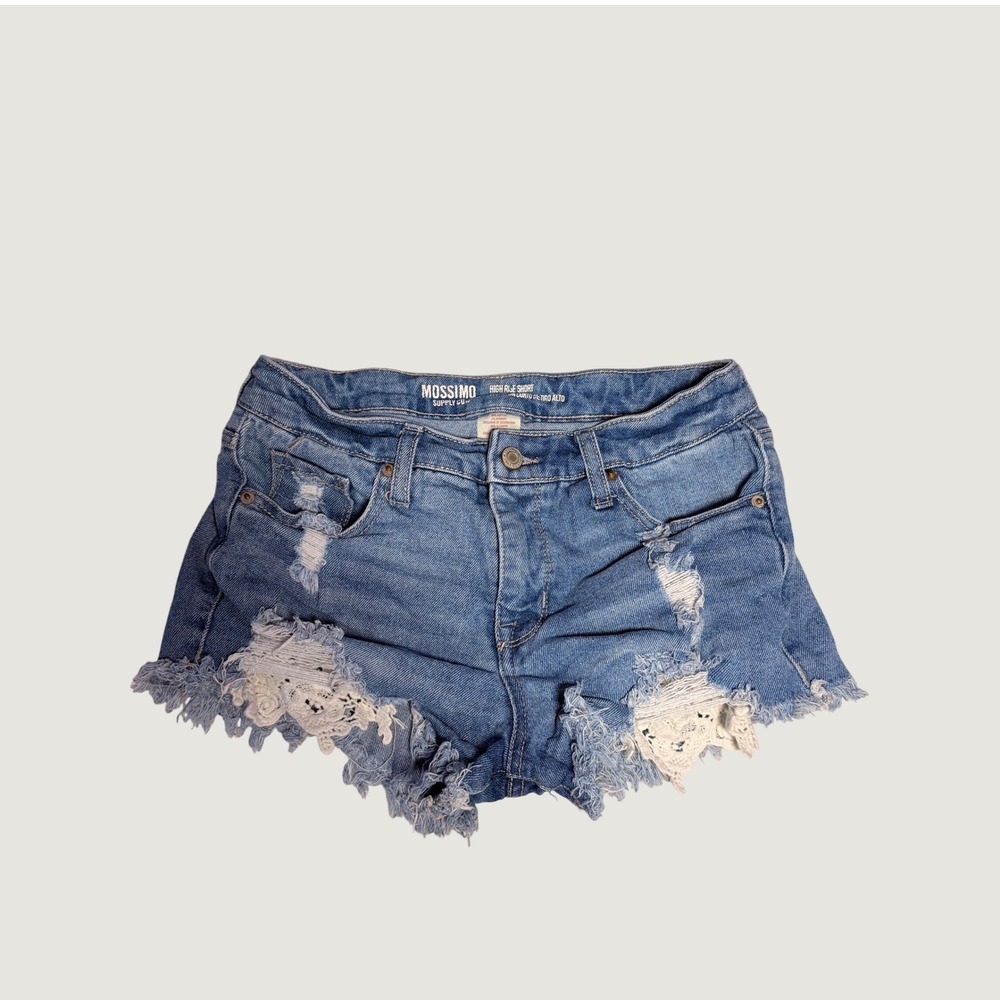 Mossimo High Rise Distressed Denim Shorts Lace Crochet Inset Blue Womens #16